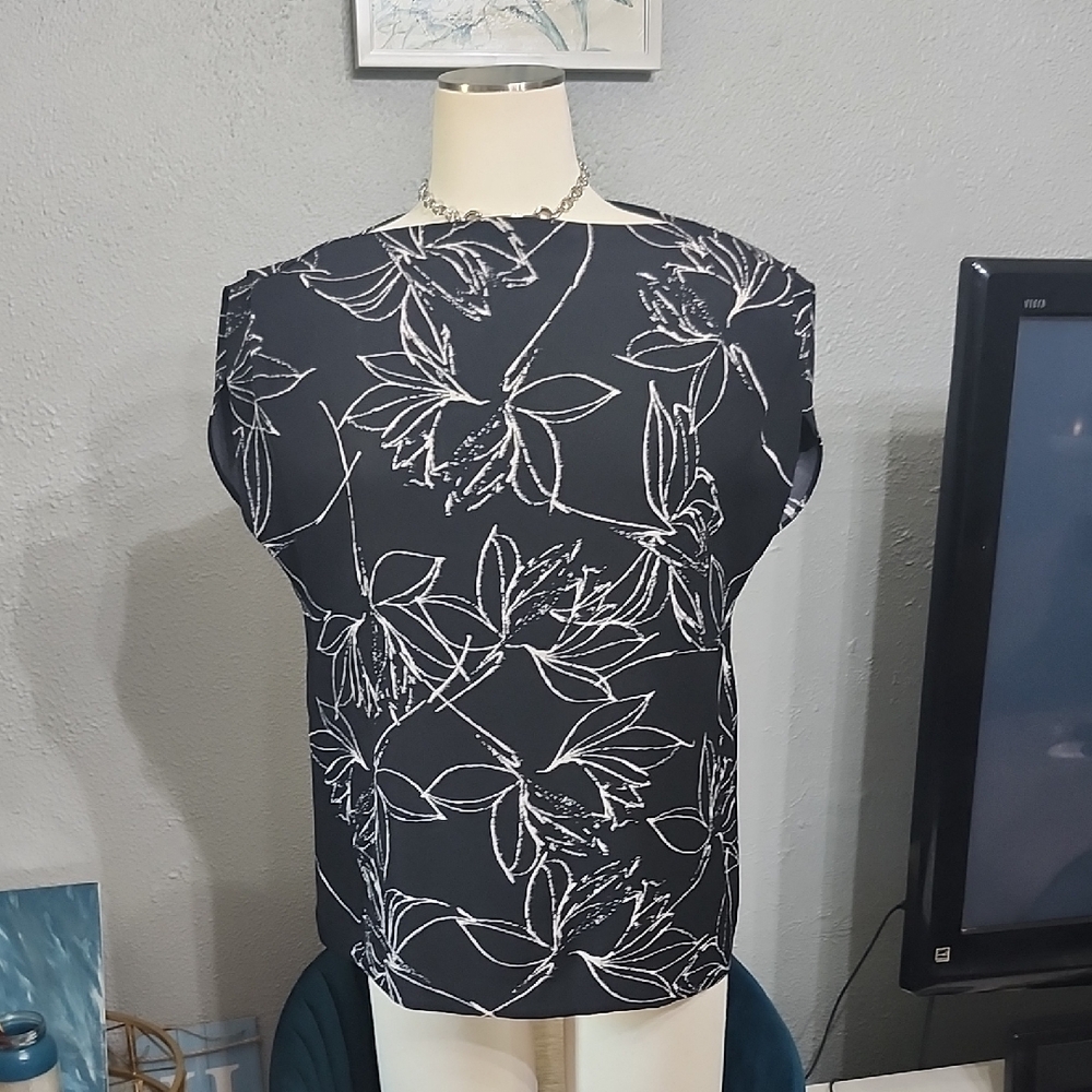 Calvin Klein Black and Cream Floral Blouse